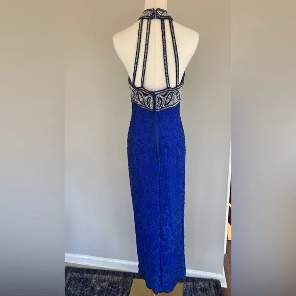 VTG LAURENCE KAZAR 90s 100% Silk Beaded Halter Gown Prom Formal Maxi Dress Sz S - Picture 11 of 16
